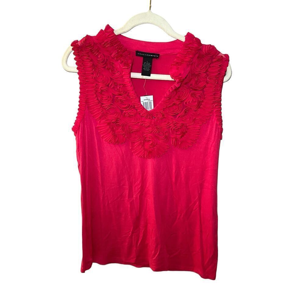GRACE ELEMENTS SZ L Pink Sleeveless Wide Strap V-Neck Ruffled Floral Top NWOT